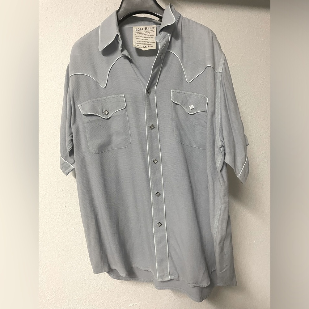 8241 Ranch Men’s Grey Light Blue Button Down Shirt Custom Buttons Size Medium